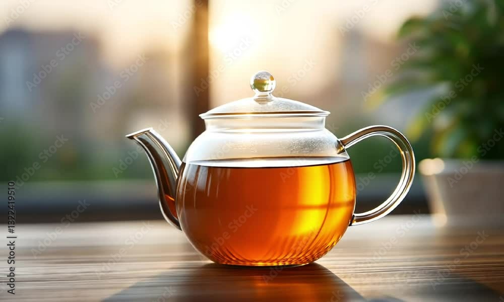 A beautiful glass teapot filled with aromatic tea placed on a wooden table. Soft sunlight illuminates the scene, creating a serene and inviting atmosphere, perfect for tea lovers. A beautiful glass teapot filled with aromatic tea placed on a wooden table. Soft sunlight illuminates the scene, creating a serene and inviting atmosphere, perfect for tea lovers.
