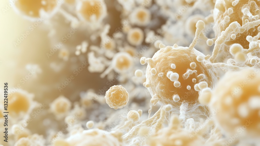 Microscopic view of coronavirus cells in beige and cream tones showing detailed viral structure with characteristic spike proteins on surface for medical education. Microscopic view of coronavirus cells in beige and cream tones showing detailed viral structure with characteristic spike proteins on surface for medical education.