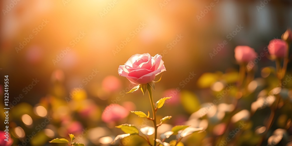 Obraz premium Digital artwork, rose garden, blurred bokeh effect, warm golden glow, single pink rose, sharp subject focus, soft background, radiant and luxurious feel