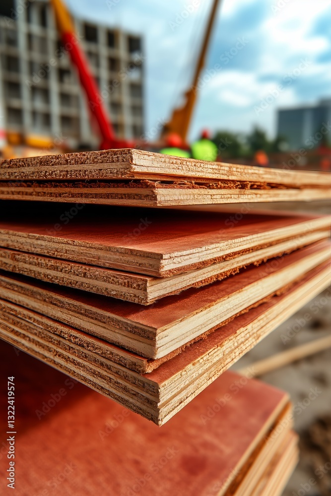 Layered Timber: Close-up shot of meticulously stacked timber panels, showcasing intricate wood grain and warm tones, reflecting craftsmanship, industry.