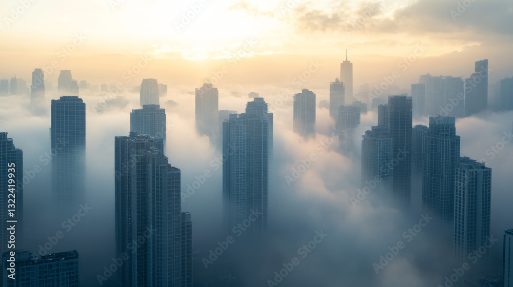 Dense fog or wildfire smoke blankets the skyline, obscuring towering apartment skyscrapers Dense fog or wildfire smoke blankets the skyline, obscuring towering apartment skyscrapers