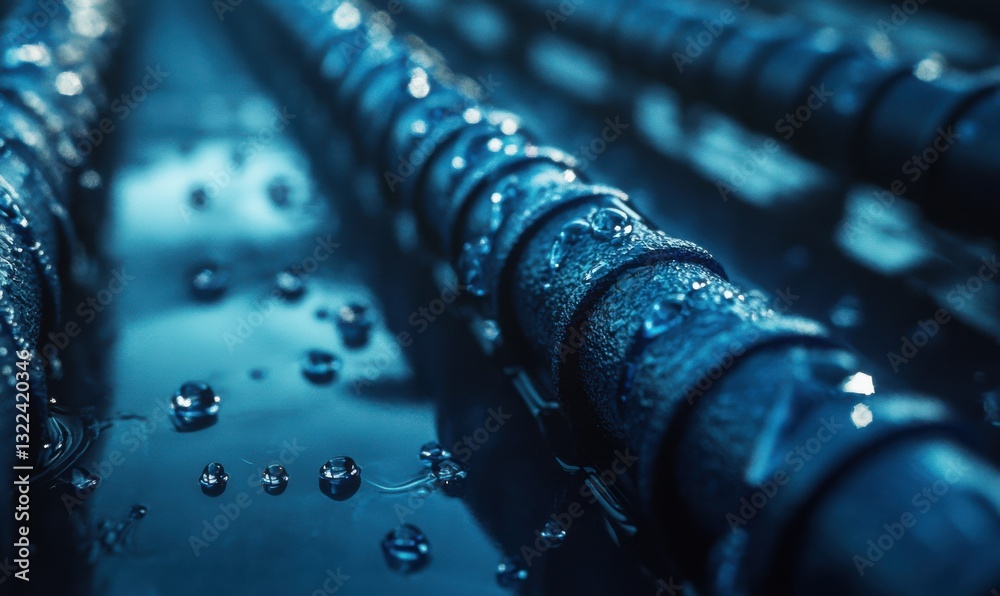 Macro shot of steel rods covered with droplets of water, creating a glistening effect under soft lighting. Cool tones emphasize strength and texture, Macro shot of steel rods covered with droplets of water, creating a glistening effect under soft lighting. Cool tones emphasize strength and texture,
