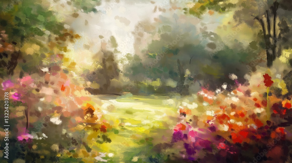 Fototapeta premium Colorful garden filled with blooming flowers under a bright sky on a sunny afternoon