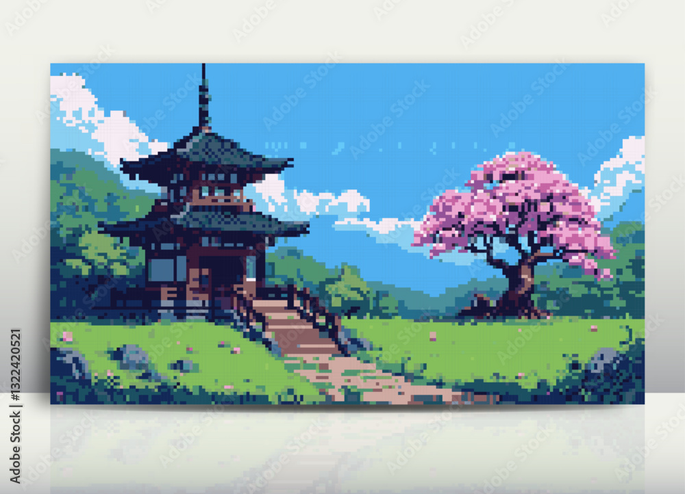 Obraz premium Pixel Vector Art of a Traditional Japanese Pagoda Surrounded by Blooming Cherry Blossom Trees in a Lush Green Landscape Under a Clear Blue Sky