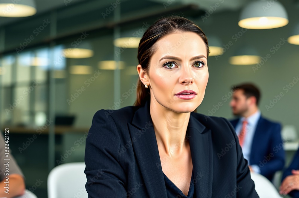 Fototapeta premium Confident Businesswoman in a Modern Office Environment, Focused on Meeting Discussion