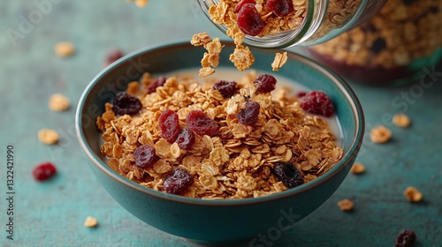 Cereal Delights: A close-up shot captures the perfect morning ritual, as cereal and dried berries are poured into a bowl of milk, evoking the essence of a wholesome breakfast and tasty treat.