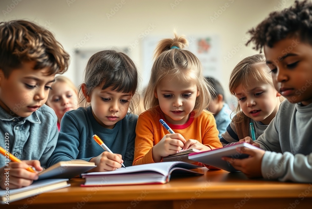 Children Engaged in Collaborative Learning Activity at a Classroom Table