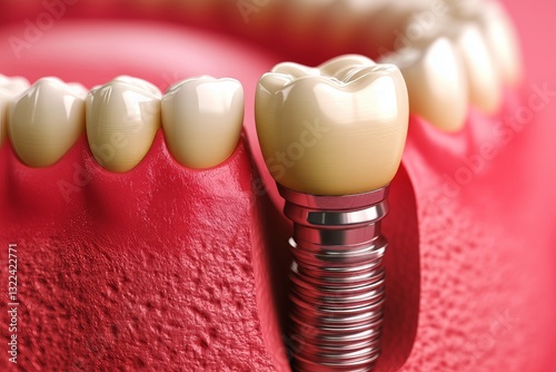 Dental Implant: Detailed view of a dental implant, showcasing a close-up of the teeth, gums and the artificial tooth, highlighting the precision and innovation of modern dentistry.