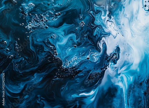 Abstract Blue Water Background, with fluid and wavey liquid in the center of the picture. The color is blue, with a dark background. There's an addavity text 