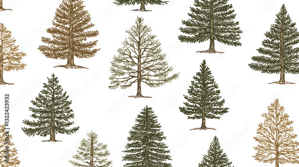 Obraz premium Detailed hand drawn illustrations of various trees on white background