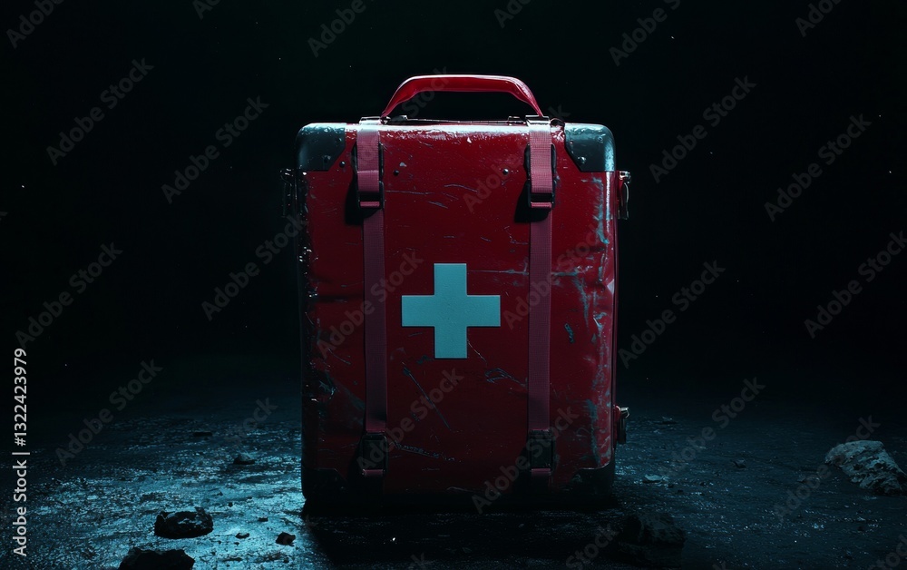 Bright red first aid kit stands out against a dark background in a studio setting Bright red first aid kit stands out against a dark background in a studio setting