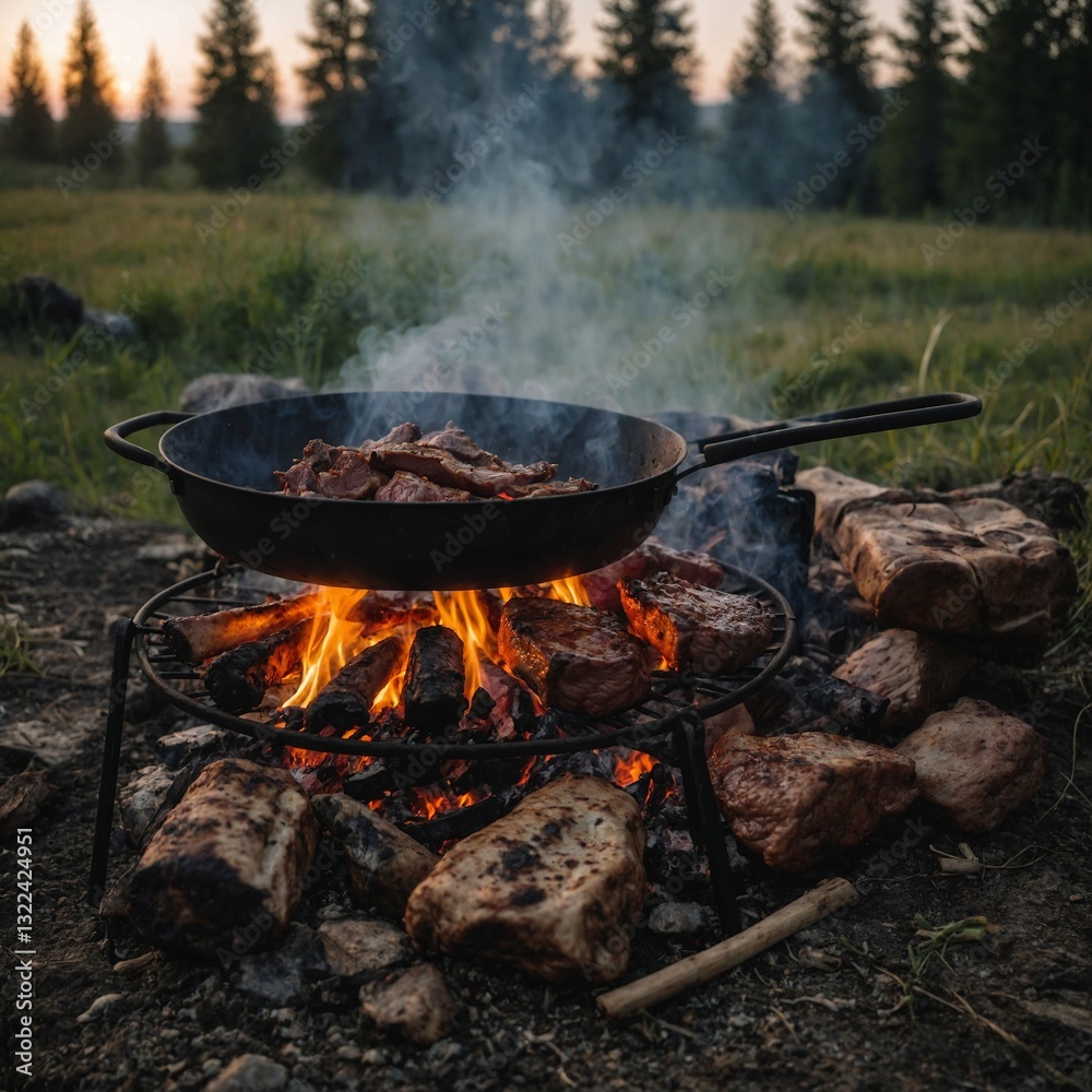 The charm of cooking meat outdoors while surrounded by towering trees The charm of cooking meat outdoors while surrounded by towering trees