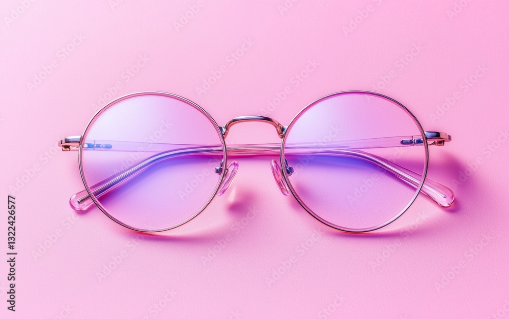 Stylish round sunglasses with purple lenses on a pastel pink background creating a vibrant visual contrast Stylish round sunglasses with purple lenses on a pastel pink background creating a vibrant visual contrast