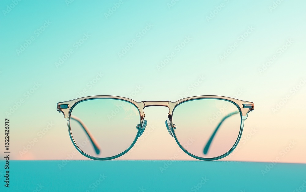 Stylish clear glasses resting on a smooth surface against a pastel sky backdrop during twilight hours Stylish clear glasses resting on a smooth surface against a pastel sky backdrop during twilight hours