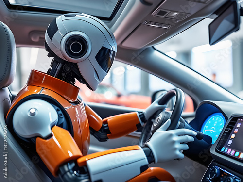 A robotic figure driving a car, showcasing the integration of autonomous technology in modern vehicles, embodying innovation and the future of transportation.