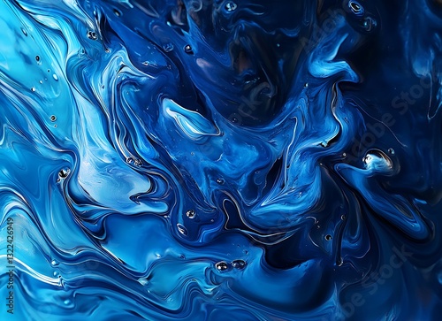 Abstract Blue Water Background, with fluid and wavey liquid in the center of the picture. The color is blue, with a dark background. There's an addavity text 