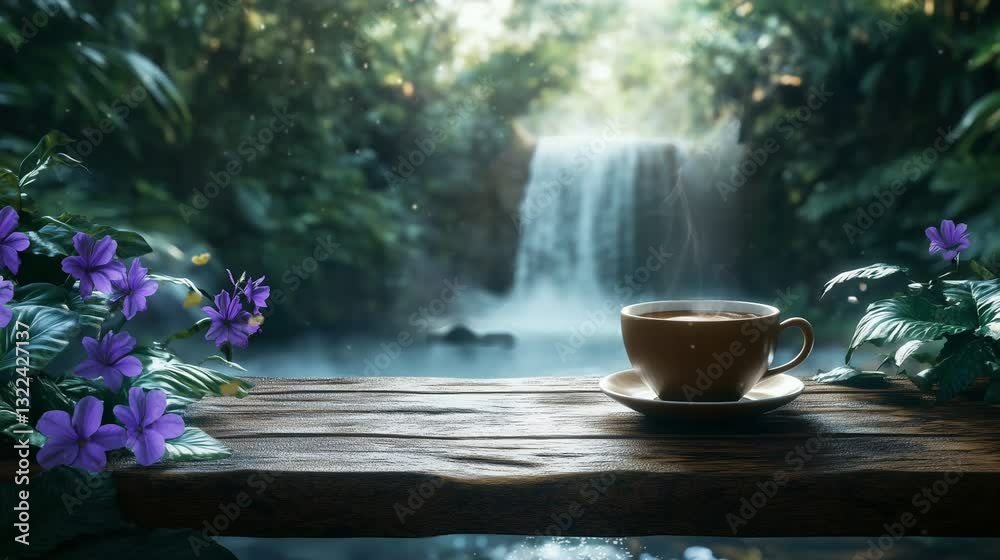 Steaming cup of coffee on a wooden deck with a scenic waterfall view. Peaceful nature retreat.