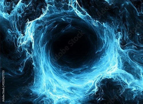 Abstract Blue Water Background, with fluid and wavey liquid in the center of the picture. The color is blue, with a dark background. There's an addavity text 