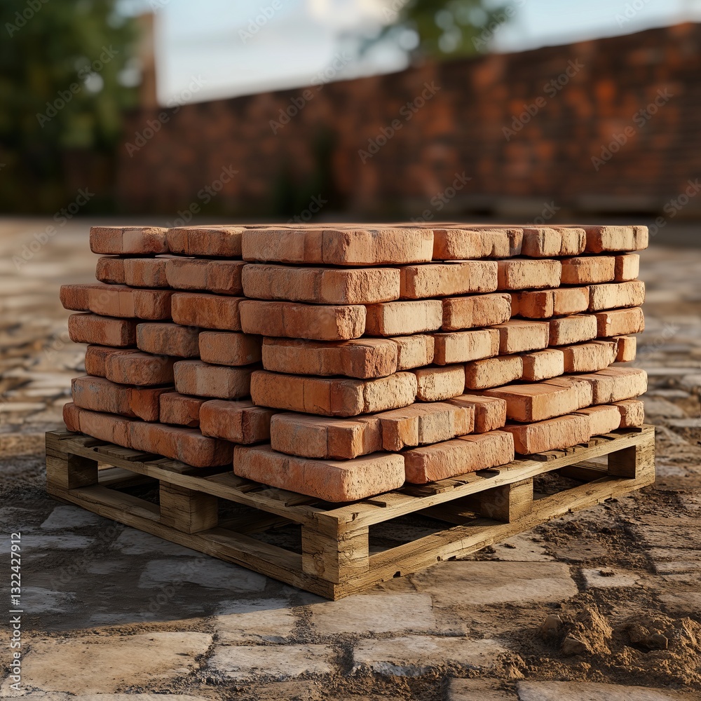Brick Stacked on Pallet: A stack of red bricks neatly arranged on a wooden pallet, ready for construction. The sturdy pallet supports the load.
