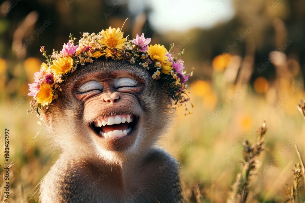 Fototapeta premium Cute adult animal baboon wearing savage flower wreath on its head. Sunny daylight. Summer happiness. Magical summer scene with wildlife. Wild creature in peaceful retreat.