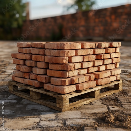 Obraz na płótnie Brick Stacked on Pallet: A stack of red bricks neatly arranged on a wooden pallet, ready for construction. The sturdy pallet supports the load. w salonie
