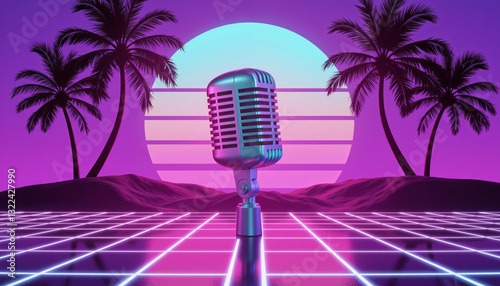 Karaoke microphone with neon lights and retro 80s synthwave beach background