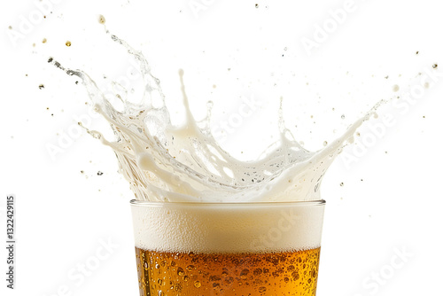 Close-up beverage photography beer splash moment at the bar counter, isolated on white or transparent background