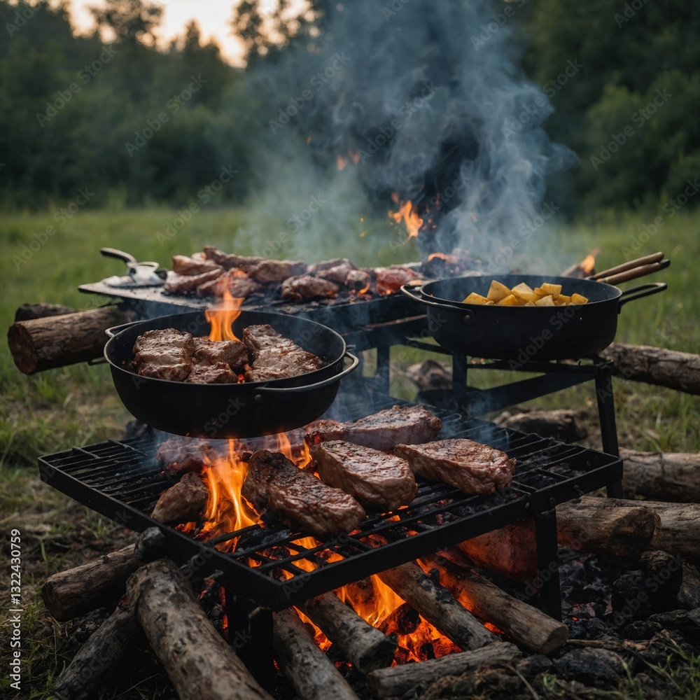 The thrill of grilling juicy meat outdoors while surrounded by the sounds of nature The thrill of grilling juicy meat outdoors while surrounded by the sounds of nature