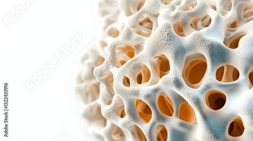 Detailed Close-Up of a Porous Bone-Like Structure with White and Yellow Hues on a Clean White Background Showing Intricate Texture and Biological