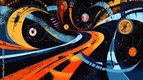 Conceptual depiction of relativity of simultaneity showcasing dynamic shapes and symbolic pathways for time relativity photo
