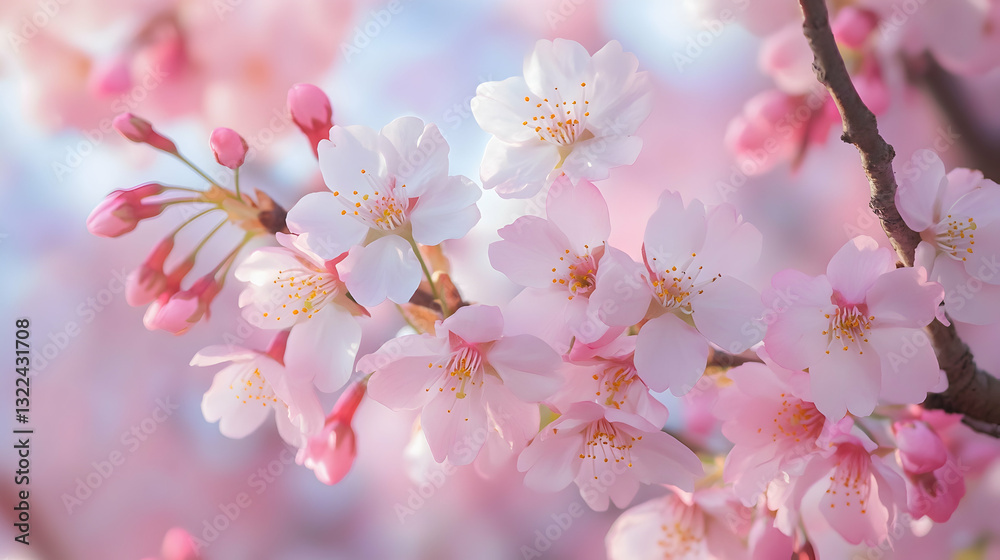 Cherry blossoms in full bloom with pastel pink and white hues Cherry blossoms in full bloom with pastel pink and white hues