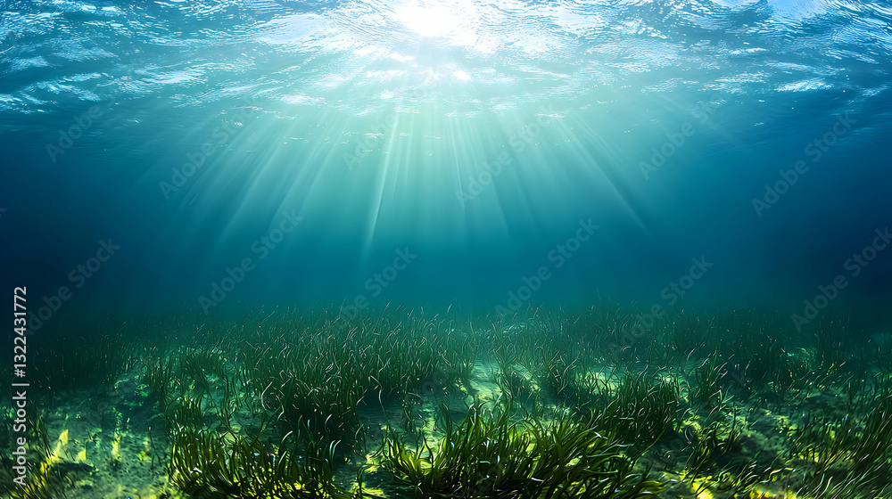 Obraz premium Underwater Seascape With Sunlight Beams Through The Surface Illuminating Green Seaweed On Seabed