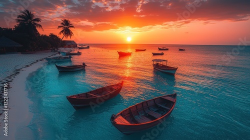 Serene coastal scenery featuring boats at sunset in a tropical island photo