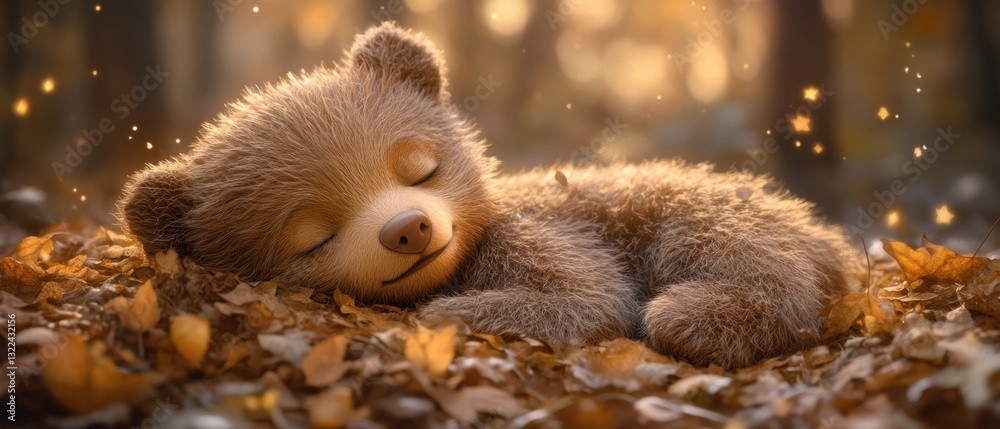 Cub sleeps peacefully amidst autumn leaves in a forest; magical background, ideal for children's books Cub sleeps peacefully amidst autumn leaves in a forest; magical background, ideal for children's books