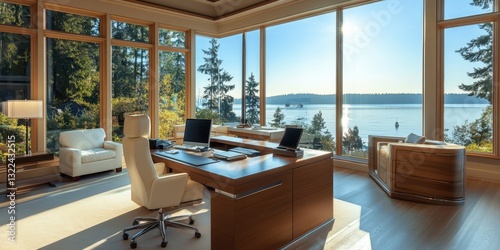 A modern office features expansive windows overlooking a peaceful lake