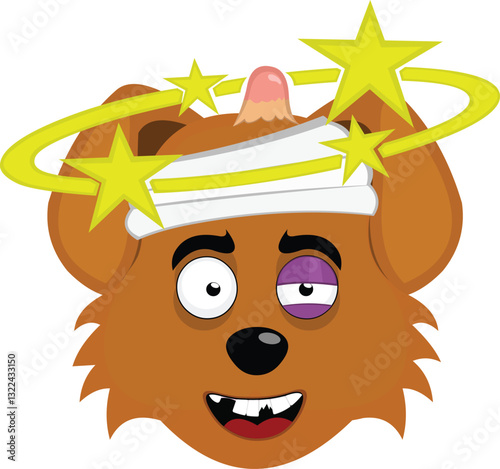 vector illustration emoji character face dog cartoon, hurt with a black eye and seeing stars