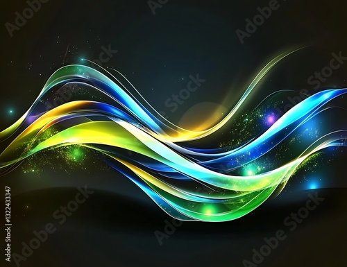 Abstract futuristic design with colorful lines and waves on a black background, with a glowing effect. 