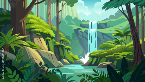 lush rainforest with a hidden waterfall, surrounded by, ferns, and hanging vines.