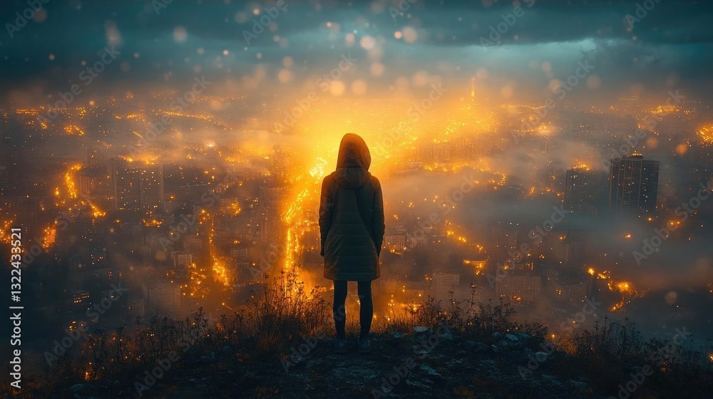 Fototapeta premium A solitary figure gazes over a glowing cityscape at dusk, with mist and lights creating a surreal atmosphere