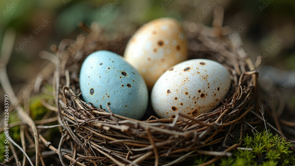 Three Delicately Speckled Bird Eggs in a Rustic Nest: Perfect for Easter Marketing, Spring Promotions, and Nature-Themed Products Three Delicately Speckled Bird Eggs in a Rustic Nest: Perfect for Easter Marketing, Spring Promotions, and Nature-Themed Products