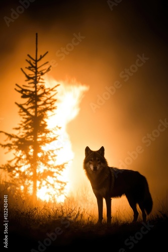 Lone wolf silhouetted against fiery forest backdrop at sunset