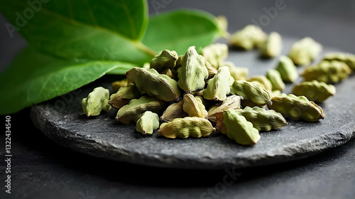 Close Up of Green Cardamom Pods on Dark Slate Surface With Fresh Leaf