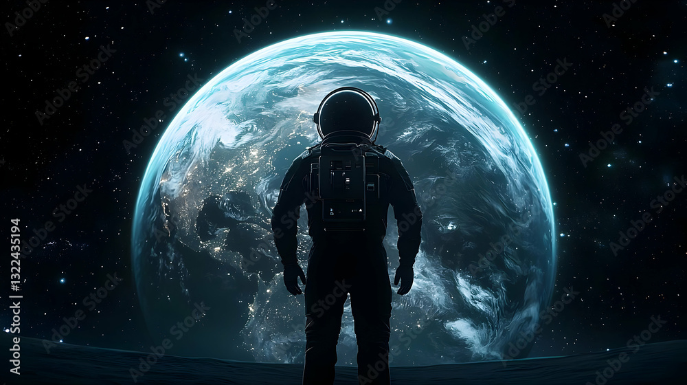 Fototapeta premium Pixel Art Astronaut Silhouette On Moon Gazing At Glowing Blue Earth In Starry Space