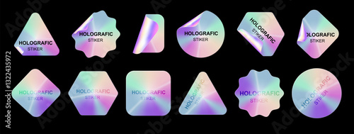 Holographic stickers. Hologram labels shapes. Holographic textured stickers for preview tags, labels. Sticker for design mockups. Vector