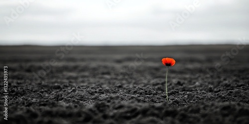 Fototapet Solitary red flower blooming in barren landscape