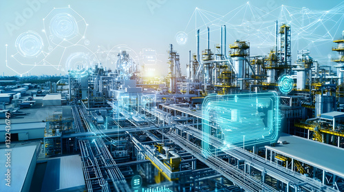 Modern Smart Factory with Automation and Data Visualization for Industrial Internet Of Things During Sunset