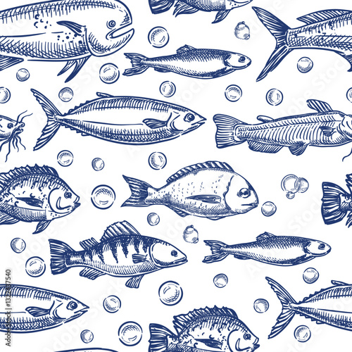 Oceans inhabitants marine life vector hand drawn sketch illustration. Fishes seamless pattern. Seafood doodle background