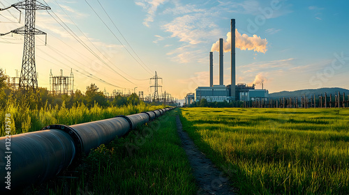 Green Field With Pipeline Leading To Power Plant With Smoking Chimneys Against Sunset Sky