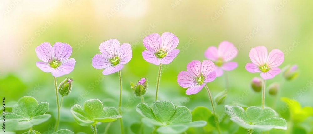 Delicate pink flowers bloom in a lush green meadow, bathed in soft sunlight. Ideal for spring, nature, and wellness themes Delicate pink flowers bloom in a lush green meadow, bathed in soft sunlight. Ideal for spring, nature, and wellness themes