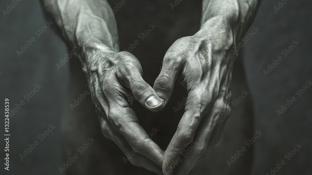 Obraz premium An artistic close-up of a male ballet dancer's hands gracefully intertwined, illuminated by a single soft light source. The subtle veins and calloused texture of his hands tell a story of dedication